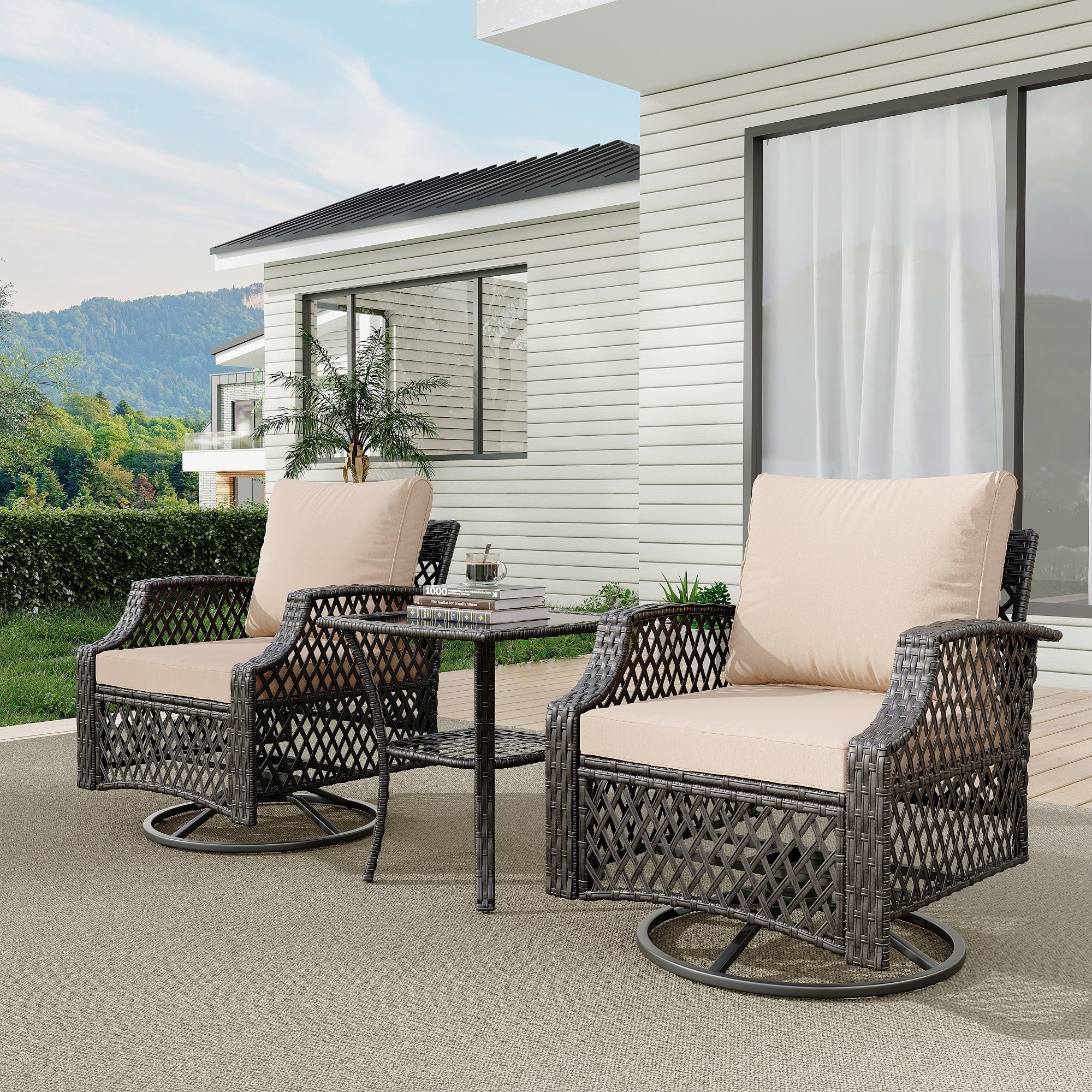 Vicluke 3 Piece Outdoor Swivel Chair Set, Wicker Patio Bistro Set with Thickened 25D Cushions and Glass Coffee Table, Patio Furniture Conversation Set for Deck, Yard, Garden, Poolside(Khaki)