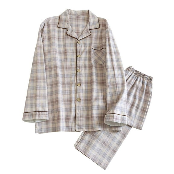 REORIAFEE Winter Pajamas for Men Set 2 Piece Loungewear with Pockets Long Sleeve Cotton Top and Pant Plaid Soft Sleepwear Coffee L-2XL