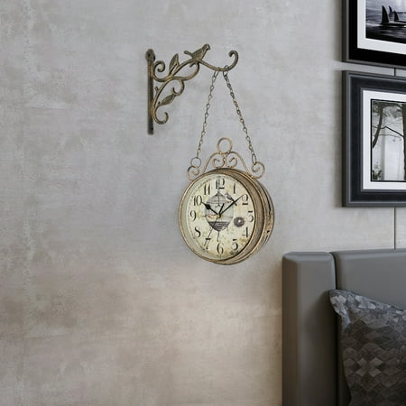 Double-Sided Wall Clock, Bronze Vintage Design with Silent Movement, 17.72x12.6in Iron and Glass Construction, Ideal for Corridors and Living Rooms
