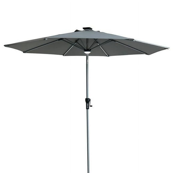 9 ft. Solar Lighted Market Outdoor Patio Umbrella in Hand Crank with Tilt Gray