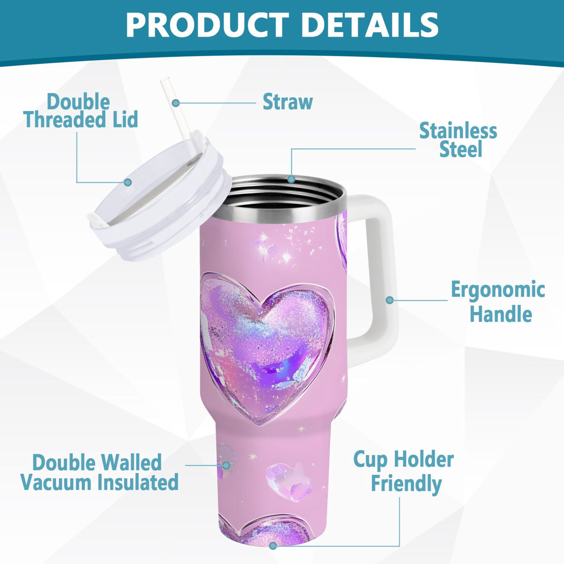 Ryvnso 40 oz Tumbler with Handle and Straw Holographic Glitter Hearts Insulated Stainless Steel Travel Mug with Lid