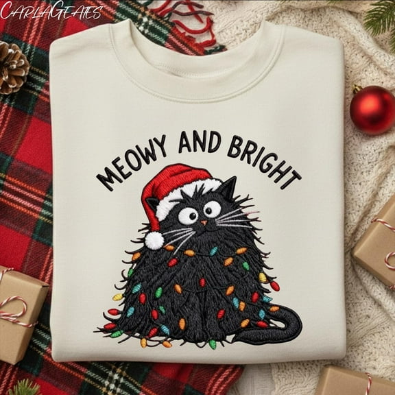 Meowy and Bright Embroidered Sweatshirt, Funny Christmas Cat Shirt, Cute Holiday Sweater for Women and Cat Lovers, Xmas Gift Sweatshirt