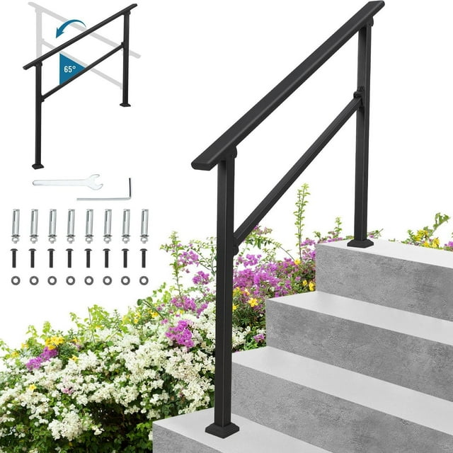 TROPOW Rampes à Main à 4 Marches pour Marches Extérieures, Trousse de Main Courante d'Escalier, Rampes d'Escalier Noires en Métal Fer Forgé Balustres d'Escalier en Aluminium, Assistance pour Escaliers pour Personnes Âgées, pour Marches en Béton, Porche, Bois