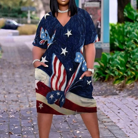 

Hvyesh Summer Dresses for Women 2023 Plus Size Boho Midi Dress 4th of July Print V Neck Sundresses Short Sleeve Soft Dresses Navy