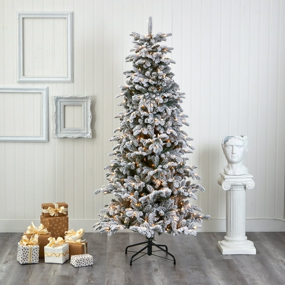 Nearly Natural 7' Flocked Fir Artificial Christmas Tree Prelit with 550 Warm White Lights