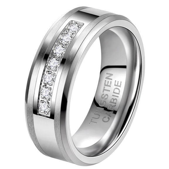 Jewmon 8mm Tungsten Carbide Ring for Men Cubic Zirconia Silver Eternity Wedding Band Comfort Fit Valentine Day Gifts Husband Boyfriend