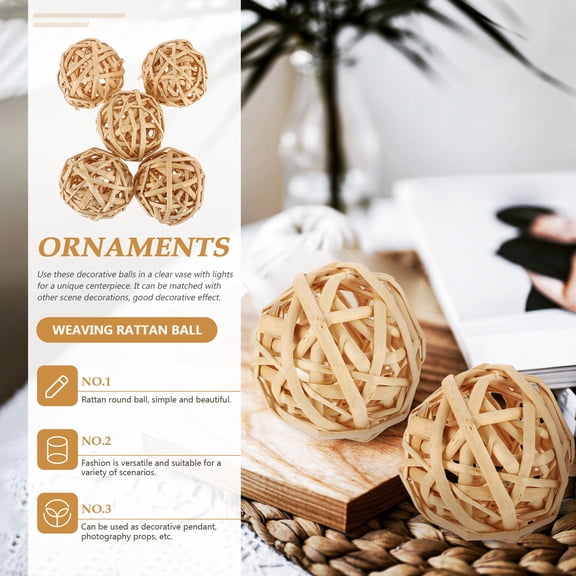 OUNONA 5cm Khaki Rattan Hollow Decorative Ornaments 5 Pieces