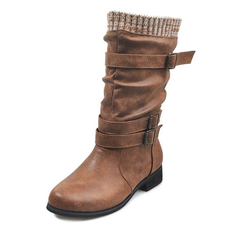 

VEKDONE 2023 Clearance Winter Savings Clearance Deals 2022! Women Boots Winter Buckle Strap Chunky Heels Slip On Retro Ladies Footwear Shoes
