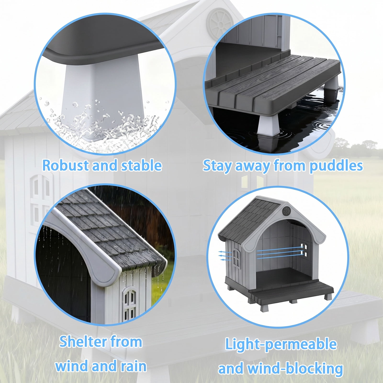 Fazzn Elevated Resin Dog House with Porch, Weatherproof Outdoor Pet Shelter for Small to Medium Dogs, Easy Assembly & Durable.Black