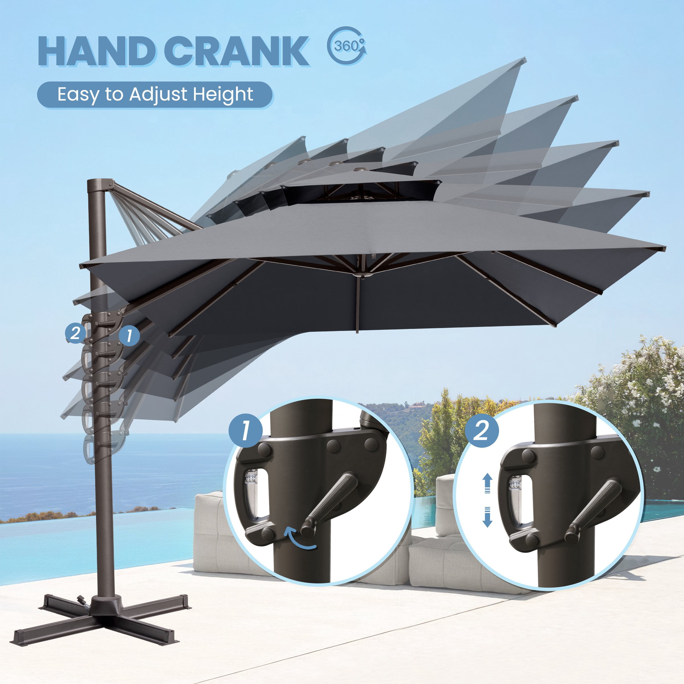 Crestlive Products 10x13ft Rectangular Patio Cantilever Umbrella, Windproof Double Top, 360-degree rotating, Dark Grey