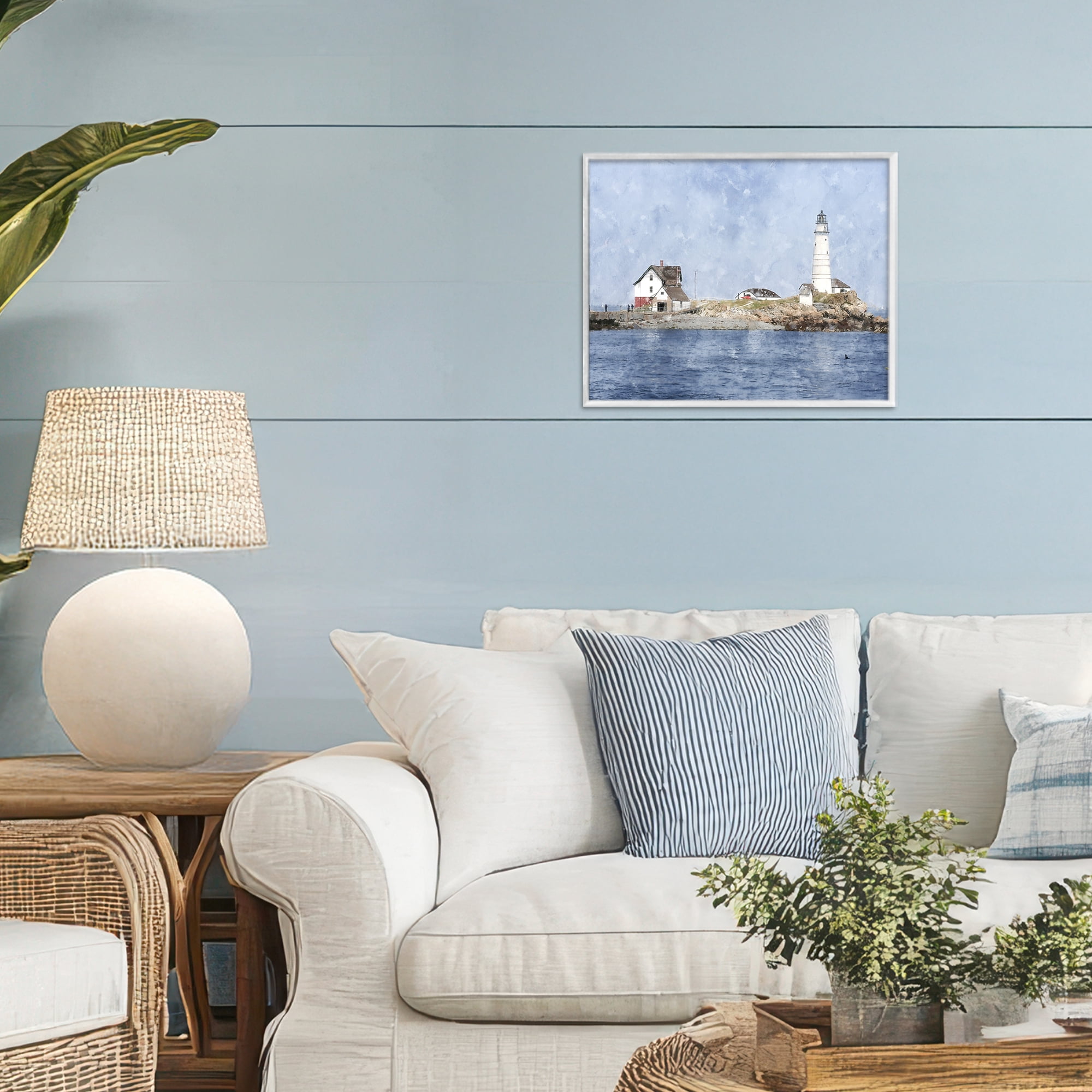 Stupell Industries Picturesque Lighthouse Island White Framed Giclee Art, design by Kim Curinga