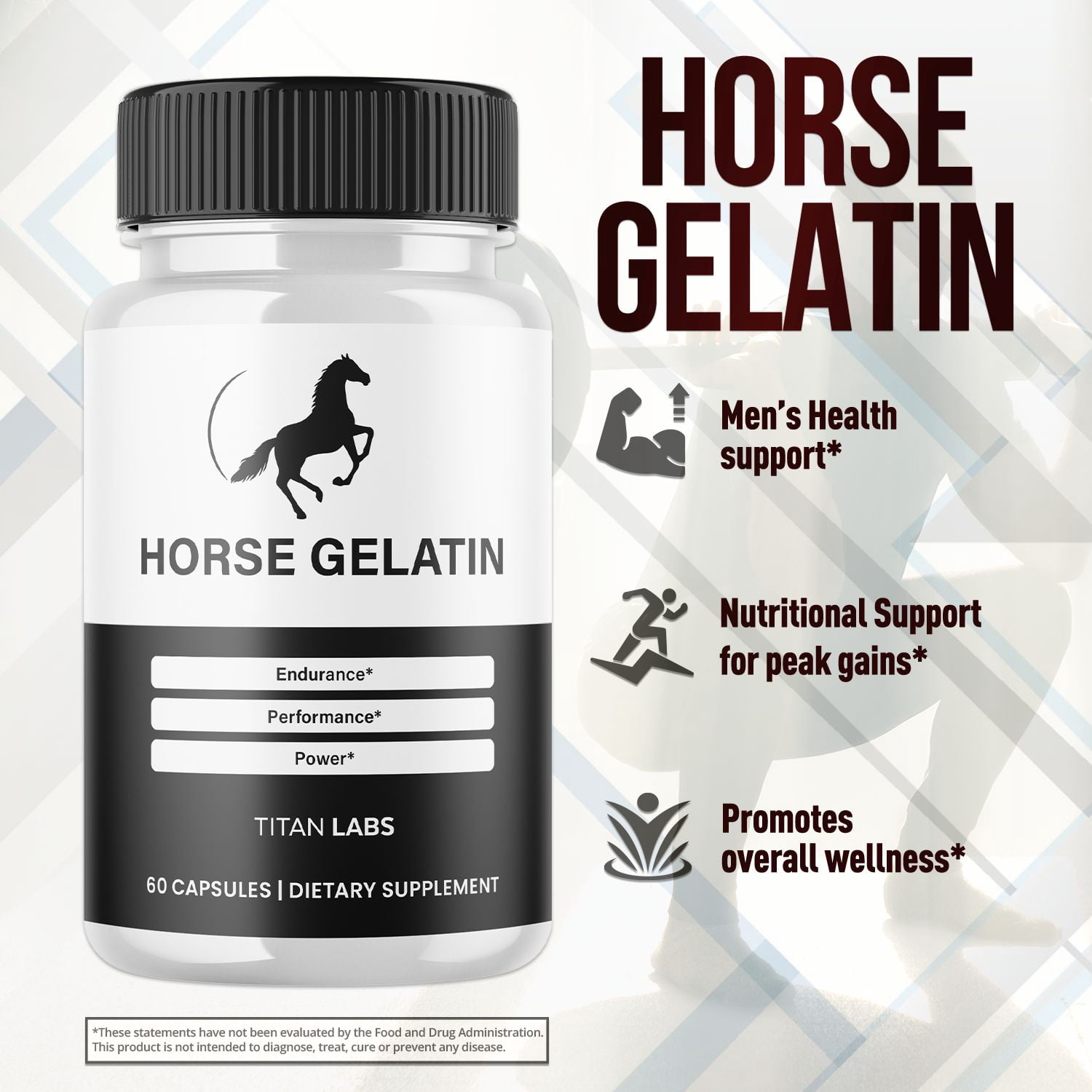 Horse Gelatin Advanced Formula Natural Supplement Pills for Max Strength HorseGelatin Vitamins Taken Daily 1 Month Supply 60 Capsules