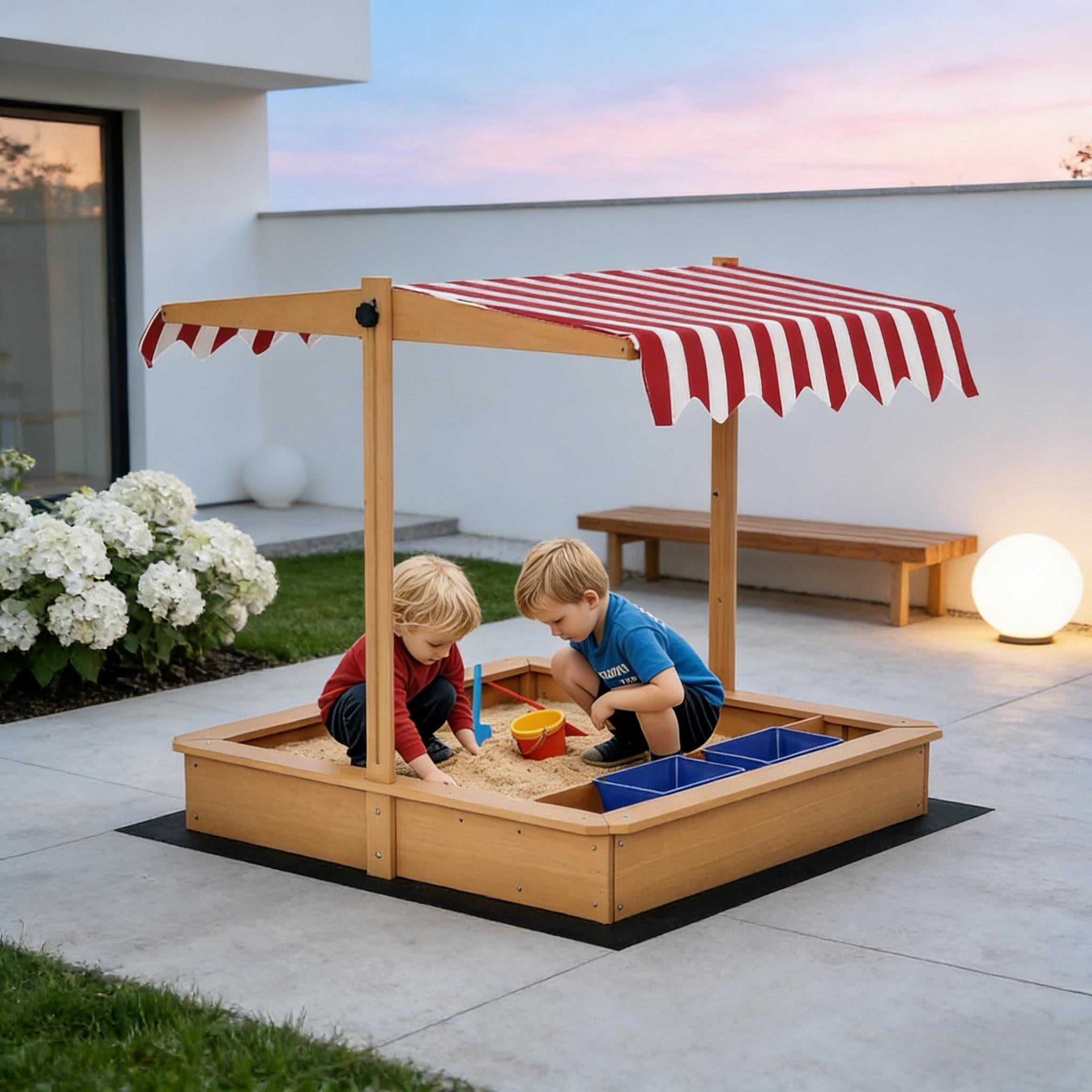 Kids Wooden Sandbox with Adjustable Roof Canopy, Outdoor Sand Play Station with Toy Storage Bins, Fir Wood Sand Pit with Bottomless Liner for Backyard, Ages 3-7