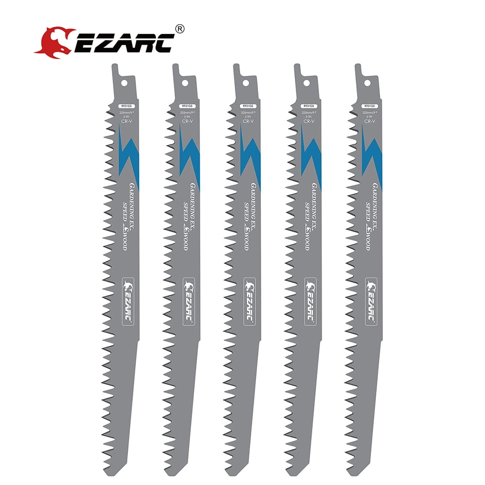 EZARC 5-Piece 9-Inch Wood Pruning Reciprocating Saw Blade Set, 5TPI, Sharp Ground Teeth CR-V Sabre Saw Blades