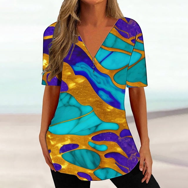 Qiopertar Blouse à Manches Courtes à Fermeture Éclair Dégradée pour Femmes en Solde à Moins de 5$ en Solde