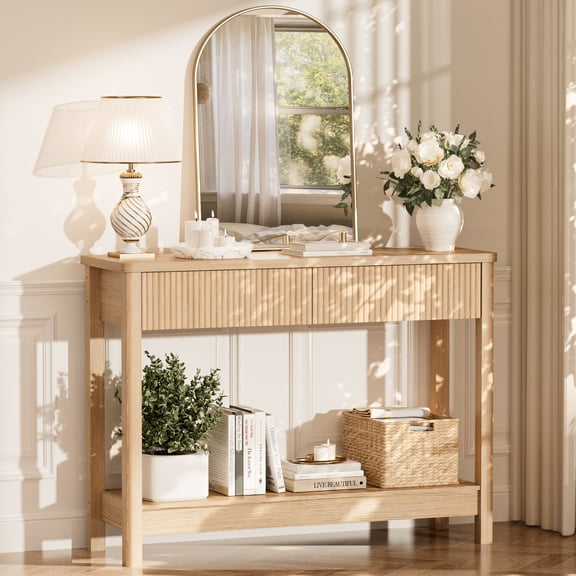 Fluted Console Table with 2 Drawers and Storage Shelf, Light Oak Narrow Entryway Table for Living Room