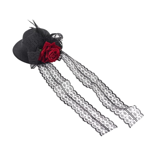 Mini sombrero de copa Steampunk con plumas de tul, vestido elegante para mujer, tocado con horquilla Flor roja