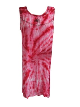 Mogul Women Tie Dye Summer Dress Floral Embroidered Beach Cover Up Sleeveless Midi Dresses L