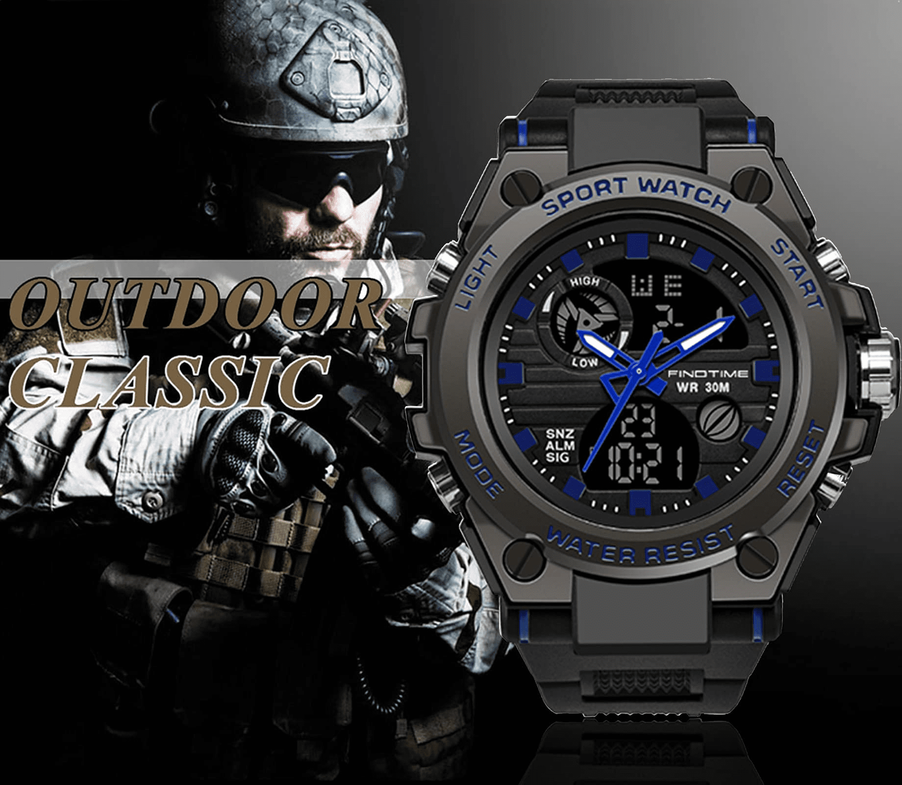 Findtime Men's Military Watch Outdoor Sports Electronic Watch Tactical Army Wristwatch LED Stopwatch Waterproof Digital Analog Watches