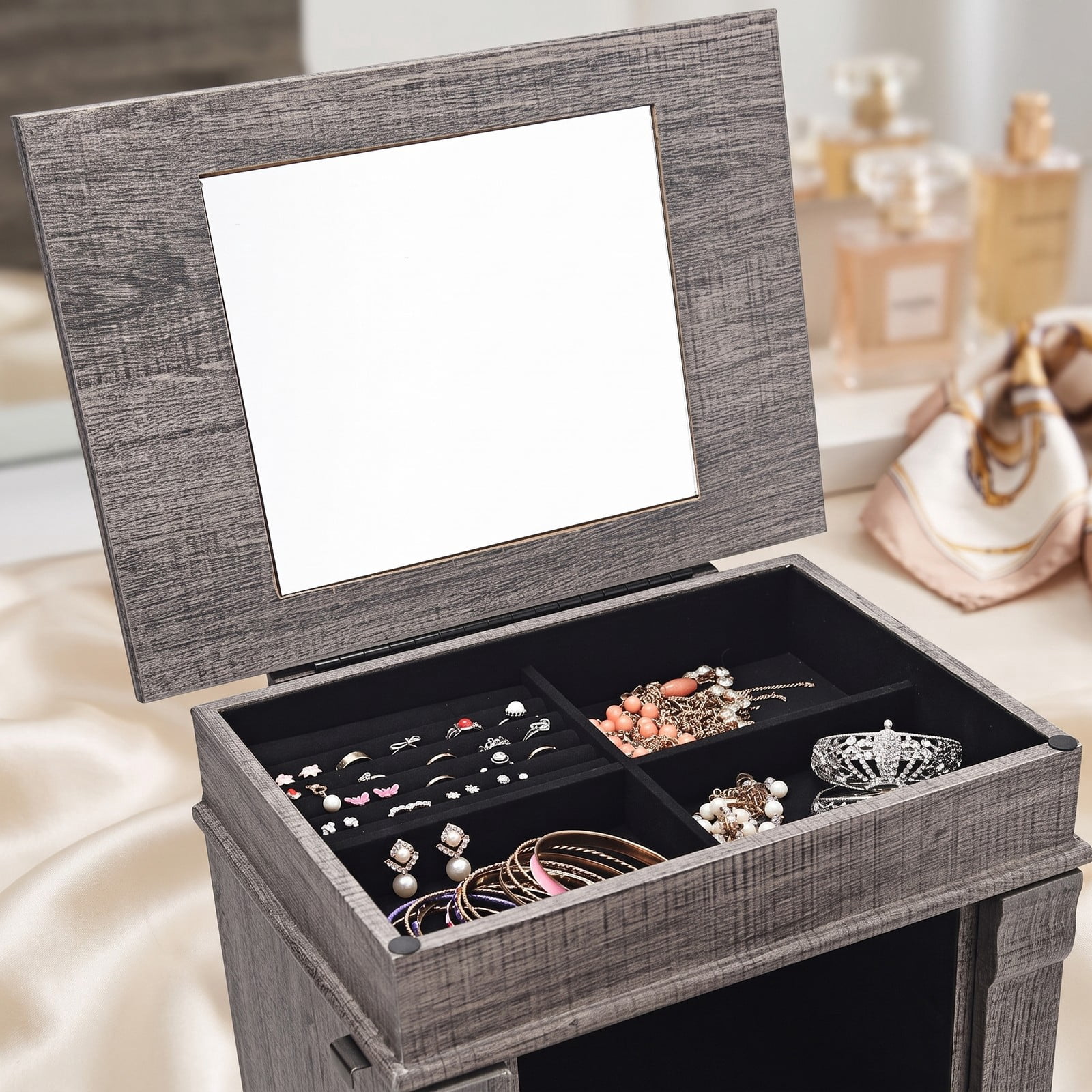 Furnibear Freestanding Jewelry Cabinet Storage Organizer with 5 Drawers and Wooden Legs for Bedroom Necklace Storage, Gray