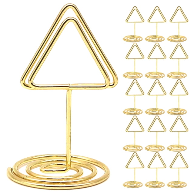 CIMAXIC Wedding 20pcs Gold Triangle Metal Note Card Holders Wire Picture Holders Stand Memo Clips For Wedding Table Numbers And Buffet Food Labels For Christmas Thanksgiving Table Decor