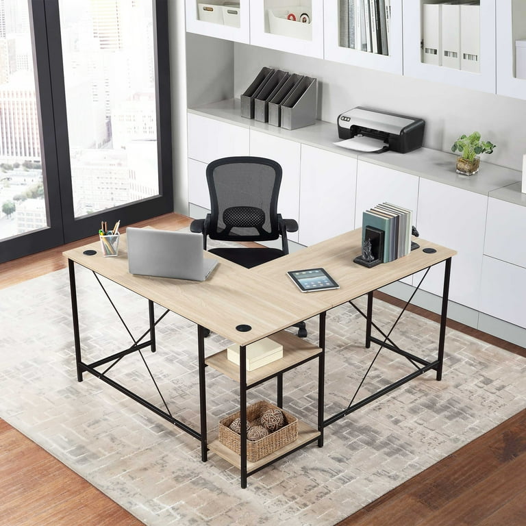 Naomi Home L Shaped Desk with Drawers, 60 Inch Corner Computer Desks, Large  L-Shaped Office Table with Open Shelves, 2 Person Home Office Desk with