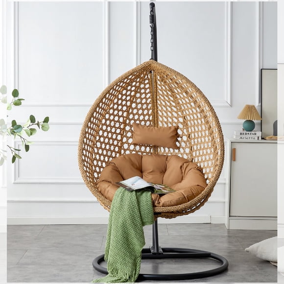 76.8-inch yellow hand woven imitation rattan hanging basket chair (including bracket), thick cushion waist pillow, indoor and outdoor swing chair, living room balcony terrace leisure chair.