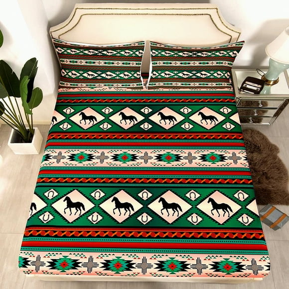 Wild West Gallop Twin Bedding Set - Southwestern Cowboy Cowgirl Fitted Sheet with Exotic Galloping Horse Design, Includes 1 Pillowcase. Perfect for Western Animal Lovers!