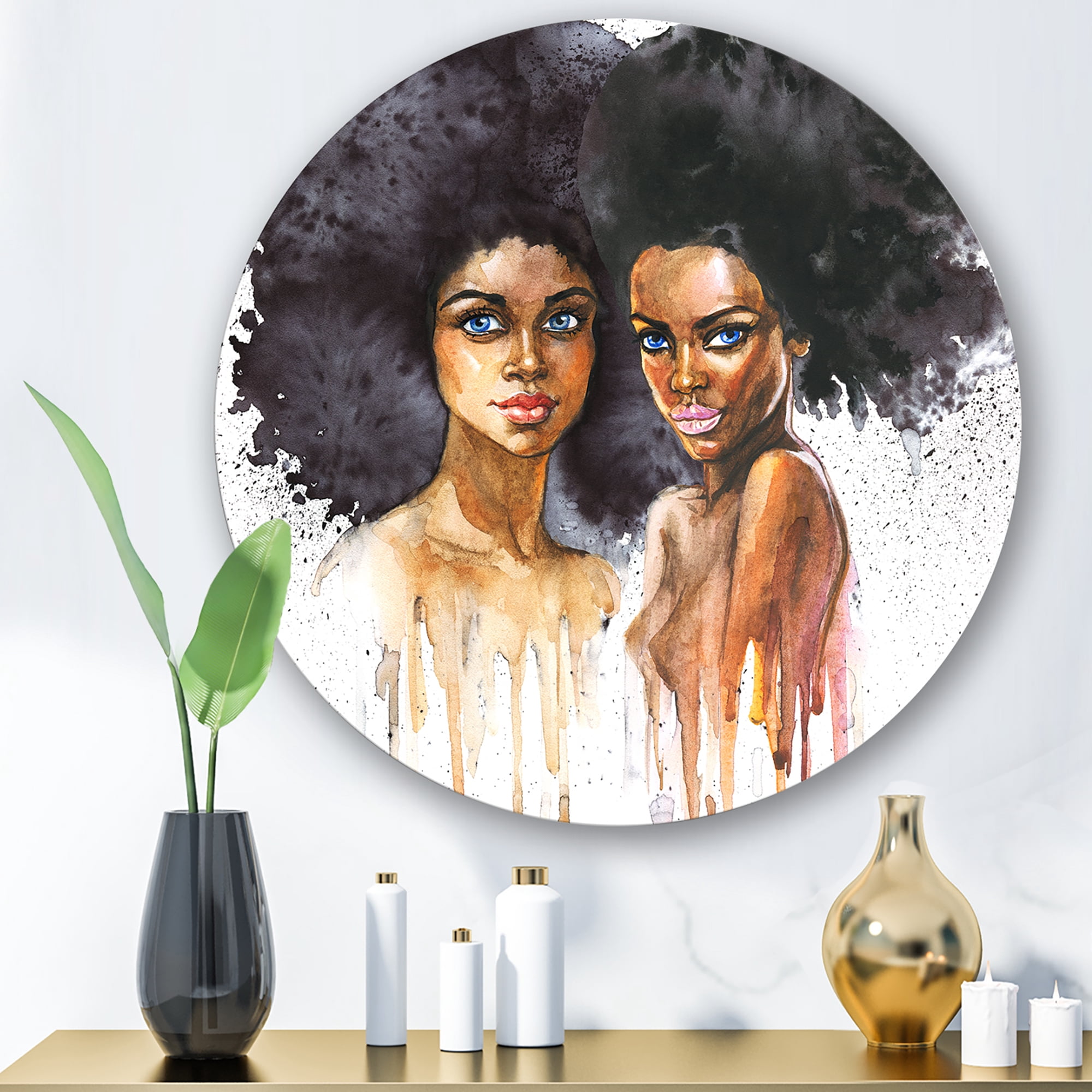 Designart 'Portrait of Two African American Women' Modern Circle Metal Wall Art 11x11 - Disc of 11