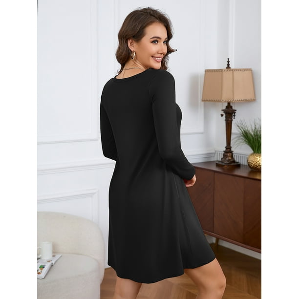 knee length dresses for ladies Linen tunic dress long sleeve black by Morph Knitwear – Wild & Arrow main image 1