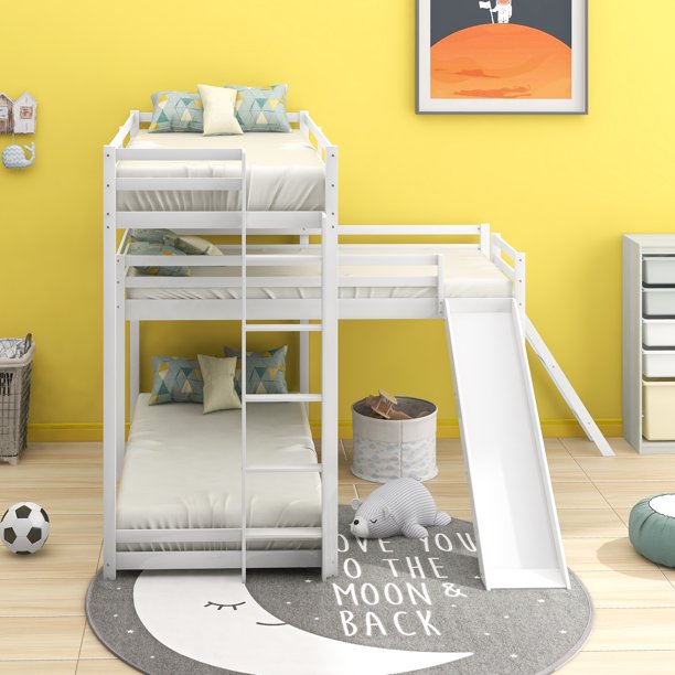 Euroco LShaped Twin Over Twin Over Twin Bunk Bed, Triple Bed with