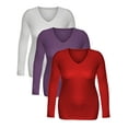 thumbnail image 2 of Essential Basic Women's Junior and Plus Size Vneck Tshirt Long Sleeves Shirt Tee, 1xl, 3Pk White, Violet, Red, 2 of 4