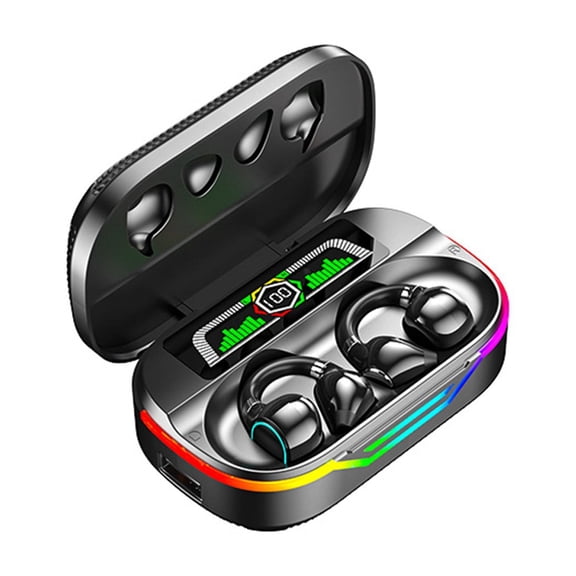 Clip-On Open Ear Wireless Earbuds Bluetooth Headphones,RGB LED Light Bluetooth 5.3 Earphones,IPX4 Sweatproof Sports Headset,Touch Control HiFi Stereo Earbuds,Digital Display Charging Case Headphones