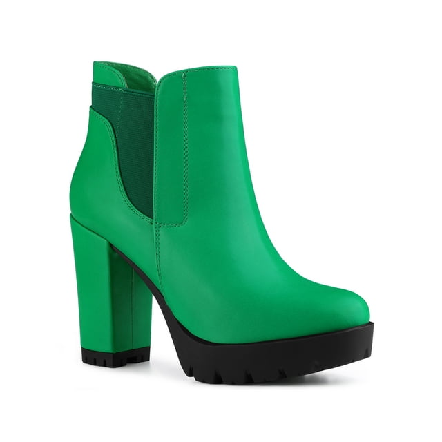 Unique Bargains Women's Chunky High Heel Platform Zip Chelsea Boots Green 7
