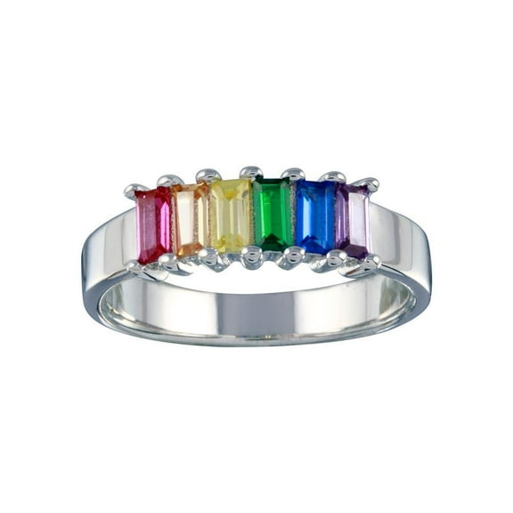 Rhodium Plated 925 Sterling Silver Multi-color Baguette Ring Cubic Zirconia Jewelry Female Size 5