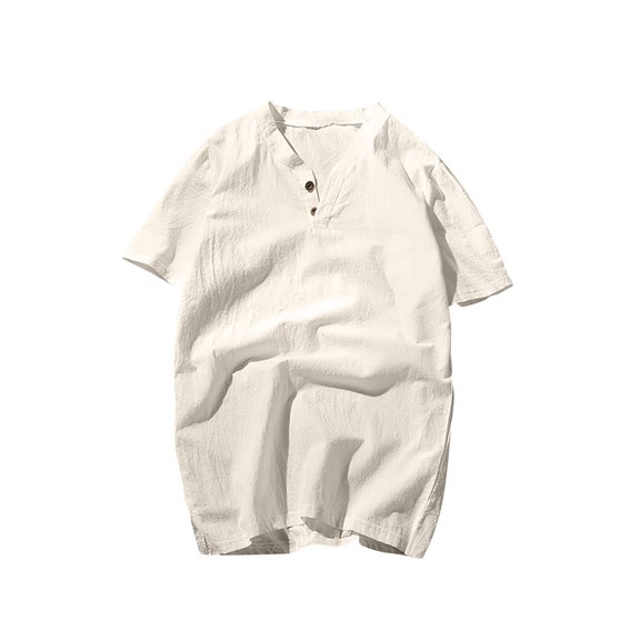 LMOIPLI Men's Cotton Linen Shirts Casual Gauze Short Sleeve Regular Fit V Neck Henley T-Shirt Summer Lightweight Beach Top Khaki XXL