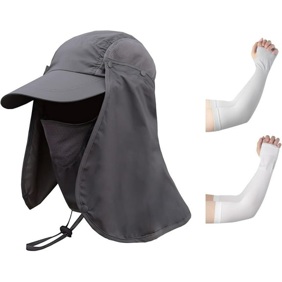 UPF 50  Sun Fishing Hat 2 Pairs Arm Sleeves for Men Women, Outdoor UV Sun Protection Hiking Hats Wide Brim Safari Cap Removable Face and Neck Flap Grey