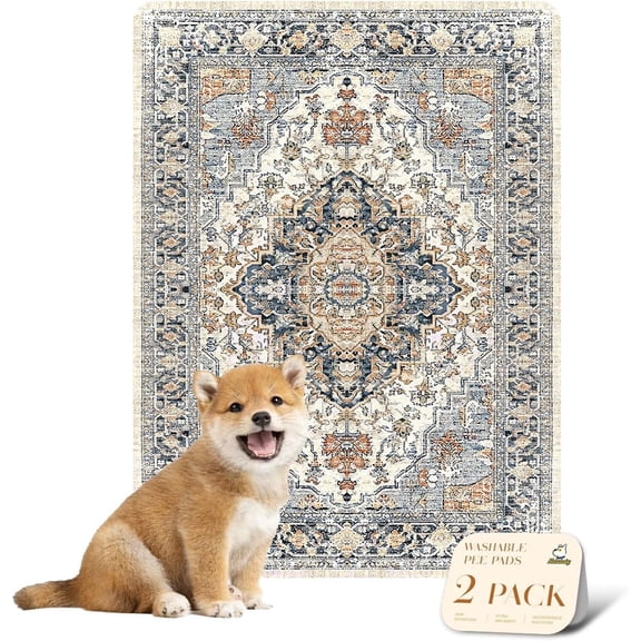 2 Pack Reusable Puppy Pads, Reusable Puppy Pads Washable, Pet Mat, Washable Pet Rug, Decorative Dog Mat, Non-Slip Leak-Proof Washable Potty Pads for Dog Crate Floor Indoor Use(Beige/Multi, 16"x24")