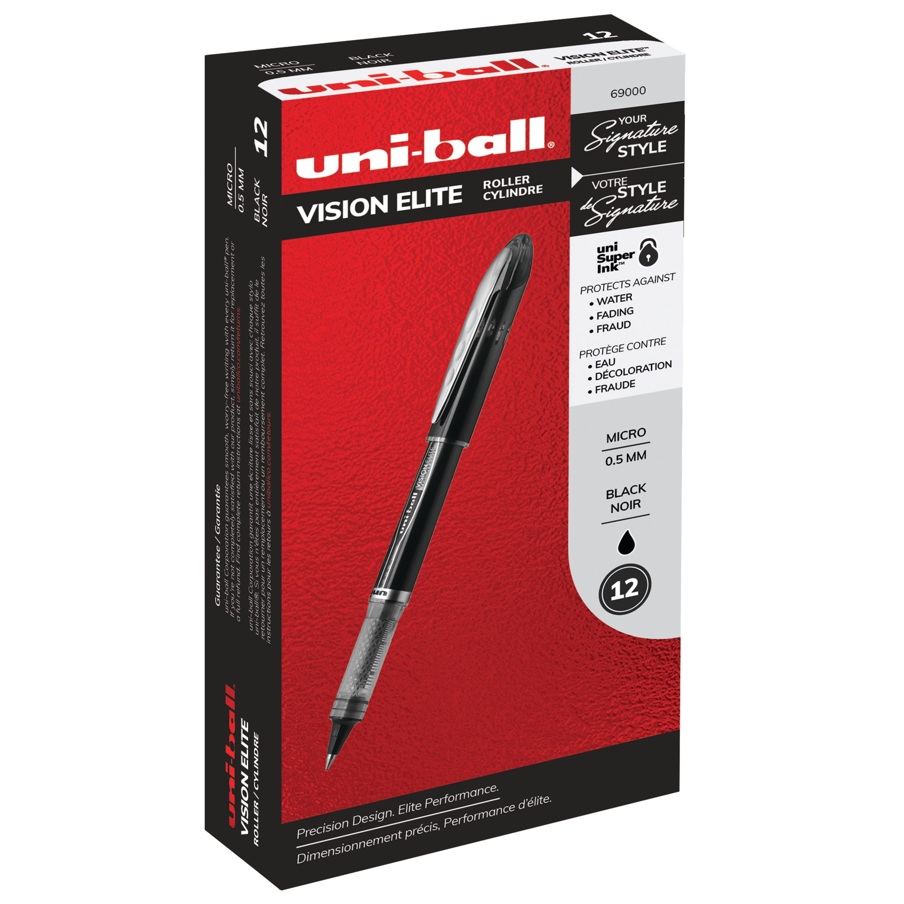 Uniball Vision Elite Stick Roller Ball Pen, Superfine 0.5mm, Black