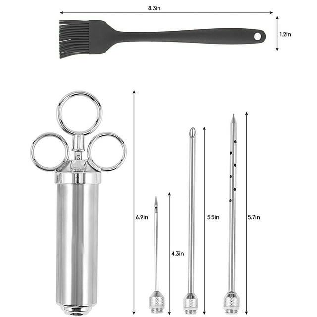 Meat Injector Syringe Kit, Food Seasoning Injector, Food Grade 304 Stainless Steel 2-oz Large Capacity with 3 Needles, Easy to Use and Clean