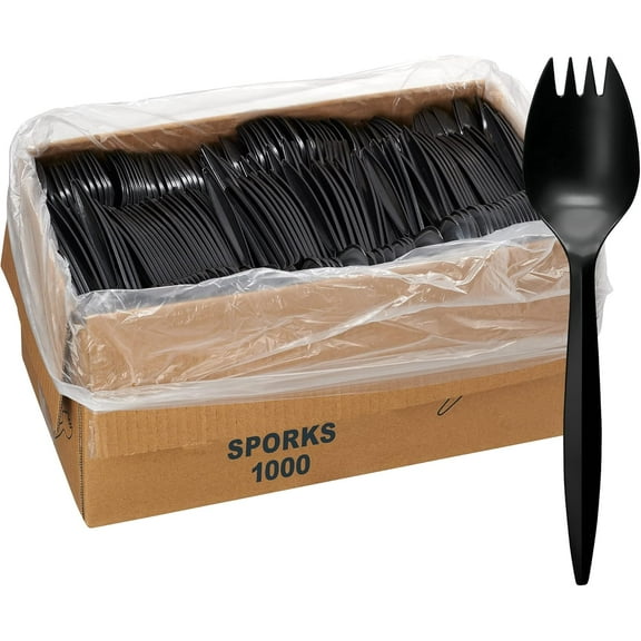 1,000 Plastic Single-Use Sporks Bulk Black Medium Weight Disposable Silverware Plastic Utensils Spork