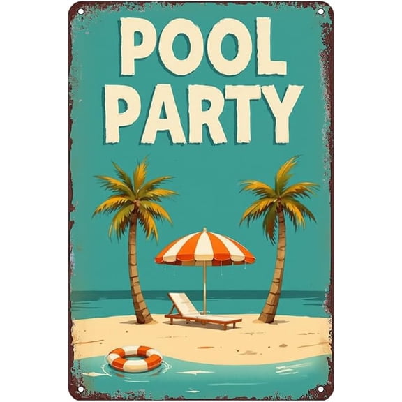 Retro Pool Party Beach Quote Tin Metal Sign, 12 x 8 Inch Summer Tropical Wall Art for Patio, Swimming Pool or Bar