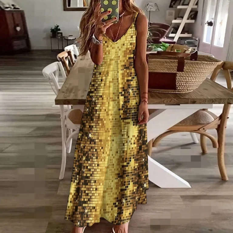 Image of Gold Yellow Ts Retro Glitter DiscoBall rs Pattern Sleeveless Dress  Women's long dress beach dresses - Walmart.com