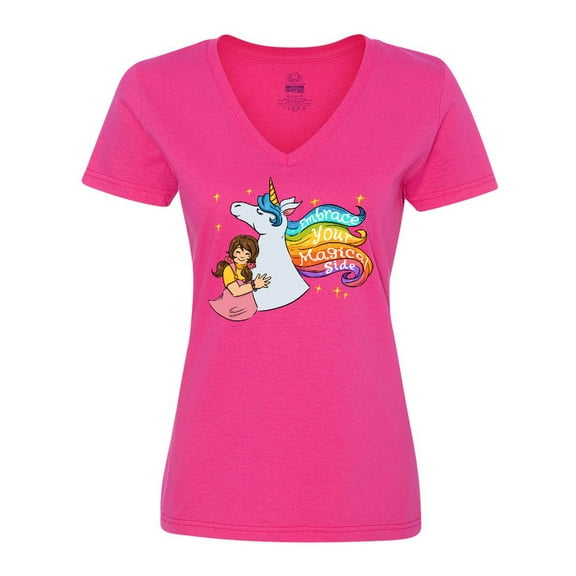 Inktastic Embrace Your Magical Side Girl Hugging A Unicorn Women's V-Neck T-Shirt