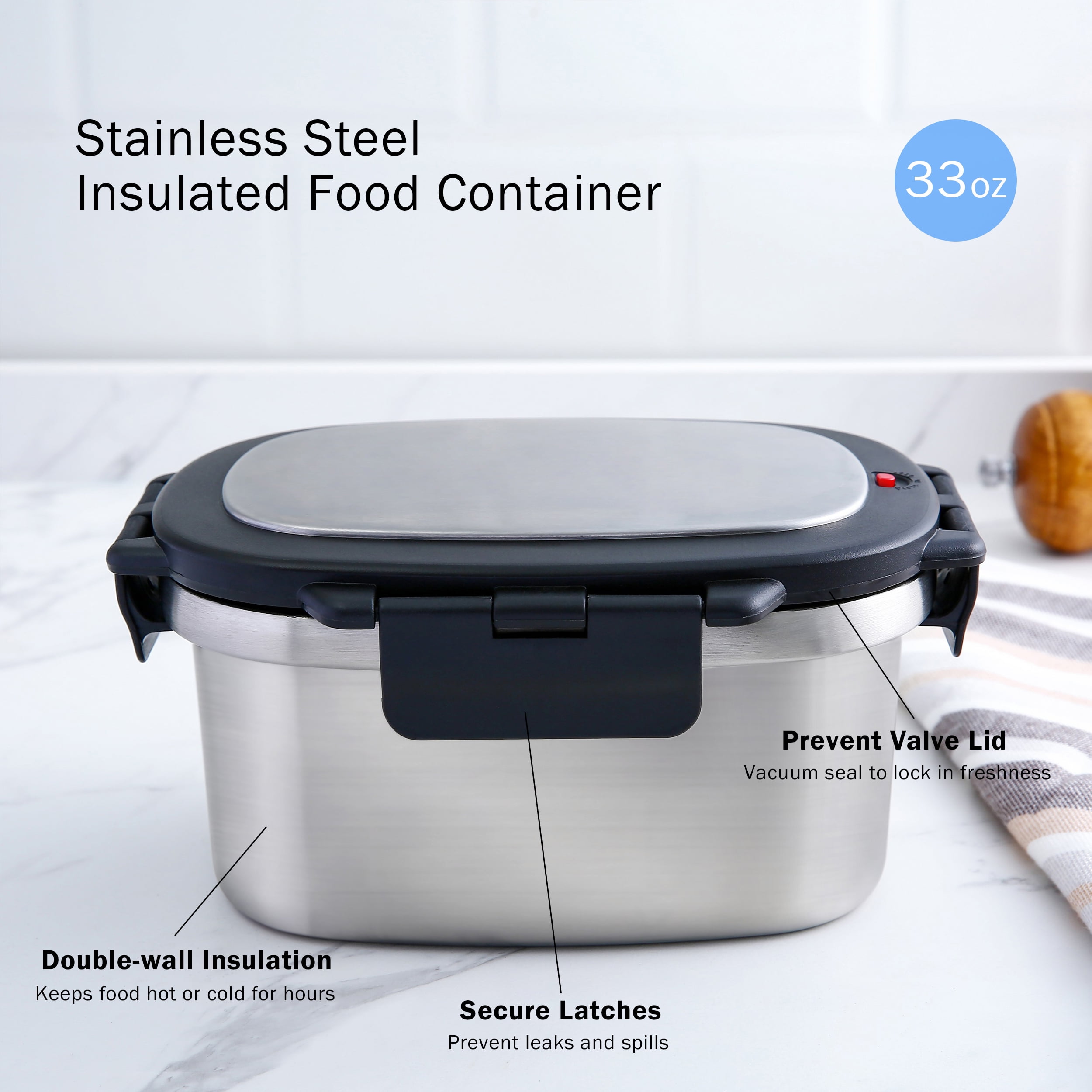 Mainstays 33 oz Insulated 2-Piece Stainless Steel Lunch Box Food Storage Container with Lid