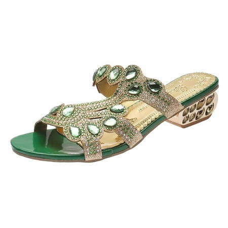 

iOPQO Women s sandals Women s Spring And Summer Sandals And Slippers Thick Heel Fashion Low Heel Rhinestone Casual Shoes women s spring and summer Green 37