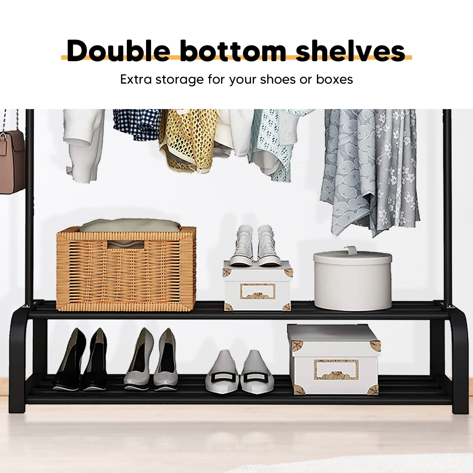 Homemart Clothes Rack without Wheels Double Garment Rack Rolling Rack for  Indoor Bedroom Portable Closet 2-Pole Iron Clothes Hanger Rack Modern