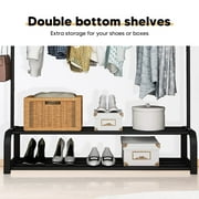 Clothes Rack, Clothing Rack for Hanging Clothes, Garment Rack W/6 Hooks & 2-Tier Storage Shelf, Single Rail Clothes Rack Stand, Free Standing Black Garment Rack
