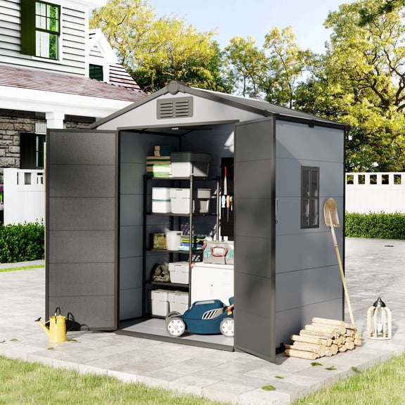BUPPLEE 6 x 4 ft Outdoor Storage Shed, Weather-Resistant Shed with Lockable Double Doors and Built-In Floor for Backyard, Patio & Lawn