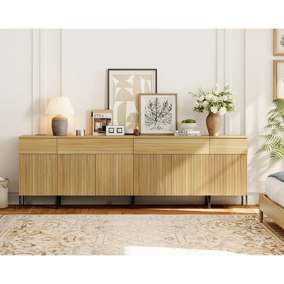 94.5" Modern Wood 4-Drawer Dresser with Reeded Design, Minimalist Dresser Organizer Storage Cabinet With Charging Station for Bedroom,Living room, Entryway